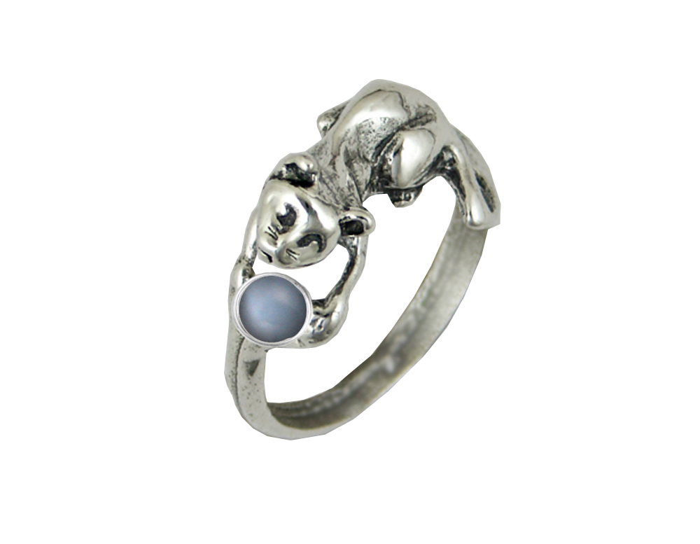Sterling Silver Playful Kitten Ring With Grey Moonstone Size 8